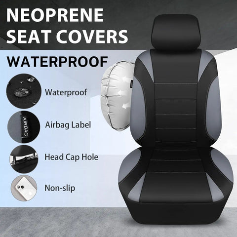 Waterproof Neoprene Front Seat Covers with headrest and airbag label shown, gray color, 5mm EVA padding, non-slip design.