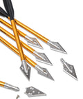 Close-up of 6.7 Inch Crossbow Bolts For 50 To 80 Lb Crossbows Yellow Target Practice Arrows with metal tips and plastic shafts.