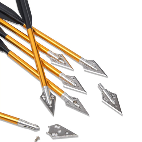 Close-up of 6.7 Inch Crossbow Bolts For 50 To 80 Lb Crossbows Yellow Target Practice Arrows with metal tips and plastic shafts.
