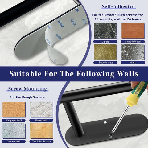 Installation options for the Under Cabinet Paper Towel Holder With Self Adhesive Or Drilling Mount Stainless Steel Black