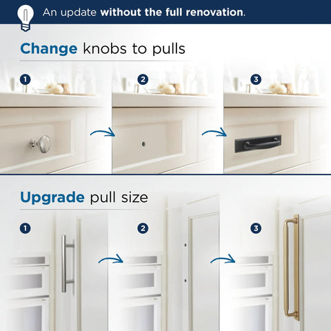 Steps showing cabinet upgrade process with changing knobs to pulls and 3 Inch Center To Center Rectangle Matte Black Cabinet Pull Backplate BP37601MB