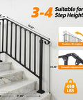 Straight Up Tough Wrought Iron Stair Handrail With Secure Balusters For Outdoor Deck And Concrete Steps Fits 3 To 4 Stairs Rust Proof Powder Coated Black Safety Railing dimensions on stairs.