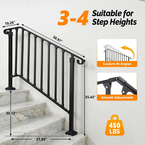 Straight Up Tough Wrought Iron Stair Handrail With Secure Balusters For Outdoor Deck And Concrete Steps Fits 3 To 4 Stairs Rust Proof Powder Coated Black Safety Railing dimensions on stairs.