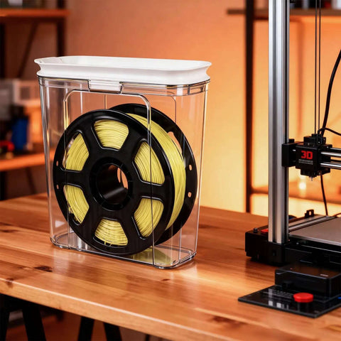 Moisture Proof And Dust Proof 3D Printing Filament Storage Box Set with filament spool on wooden table