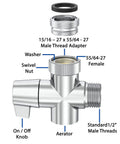 Aquaus 360 Faucet Bidet With Brass Sprayer And Warm Water adapter showing thread details and on/off knob