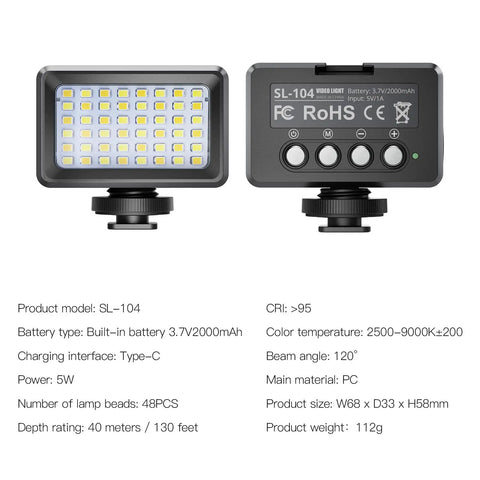 Underwater LED Video Light For Action Cameras, 1800LM Ultra Bright, 40m Waterproof Dive Fill Light With 7 Modes SL-104 front and back view