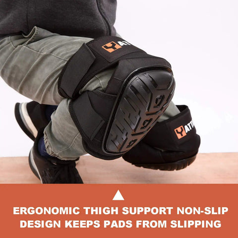 Heavy Duty Work Knee Pads With Soft Gel Core And Durable EVA Foam Padding, Non Slip Ergonomic Design With PVC Caps in use on knee