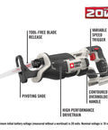 Compact 20V Max Cordless Reciprocating Saw With Variable Speed And Quick Release Blades, feature-rich design with pivoting shoe.