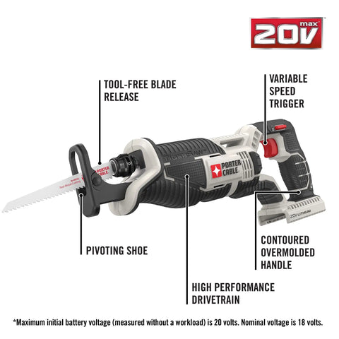 Compact 20V Max Cordless Reciprocating Saw With Variable Speed And Quick Release Blades, feature-rich design with pivoting shoe.