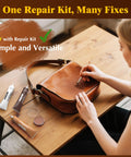 Leather Repair Kit For Car Seats, Furniture And Couches With 3 Step Reinforcement being used on a brown leather bag