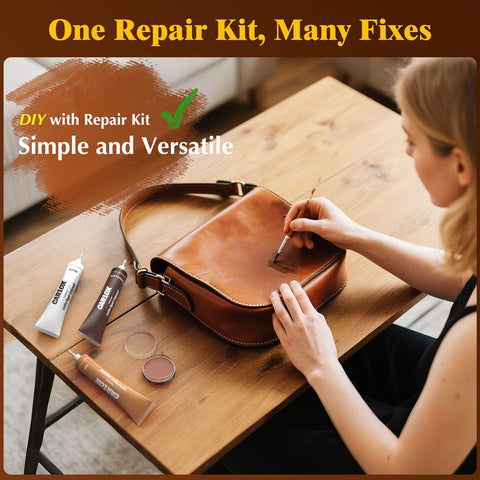 Leather Repair Kit For Car Seats, Furniture And Couches With 3 Step Reinforcement being used on a brown leather bag