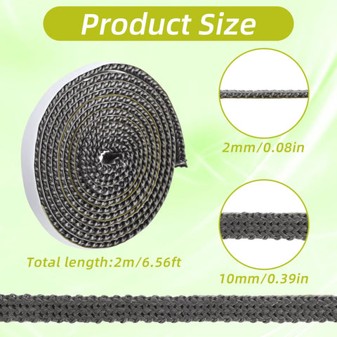 Two rolls of self-adhesive fiberglass rope seal for stoves and fireplaces; braided gray, 2 mm thick, 10 mm wide, 2 m total.