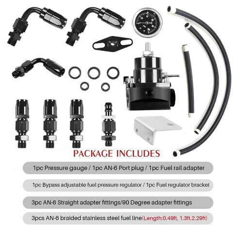 Universal EFI Fuel Pressure Regulator Kit With Gauge 0 To 100 Psi 6AN Fuel Line Fittings Adjustable Aluminum Black components