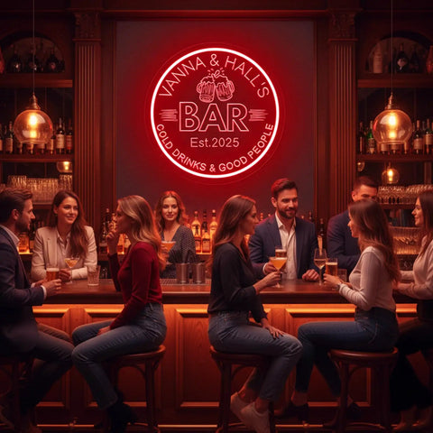 Custom Bar Neon Sign For Wall Decor Dimmable LED Beer Sign with remote in a lively bar setting, personalized bar name and est year.