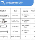 Rock Solid Heavy Duty 6 Inch Sun Shade Sail Hardware Kit Made From 304 Stainless Steel 40 Pieces item list and materials
