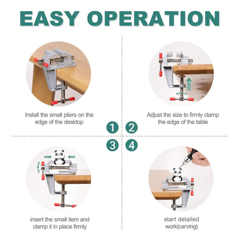 Portable Mini Bench Vice With Adjustable Table Clamp Vise For Precision Fixes Slick Aluminum Body in use for detailed work.