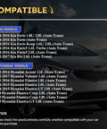Compatibility chart for Kia Forte, Koup, Forte5, Rio 1.6L/1.8L models and Hyundai Accent, Veloster, Elantra 1.6L/2.0L models.