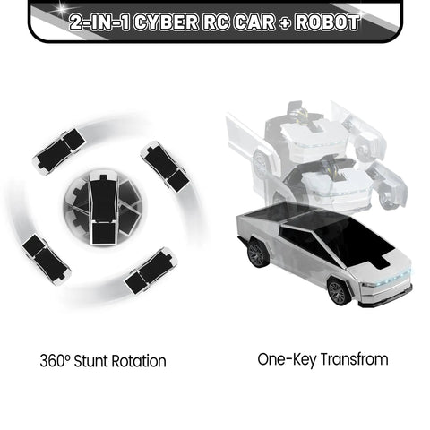 Diagram showing Cyber Inspired Transformer Remote Control Car For Kids 2.4 GHz RC Vehicle with 360 spin and transforming features