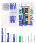 530 Piece Wall Anchors Kit With Drywall Anchors And Screws displayed in a case with multiple sizes and colors of nylon ribbed anchors.