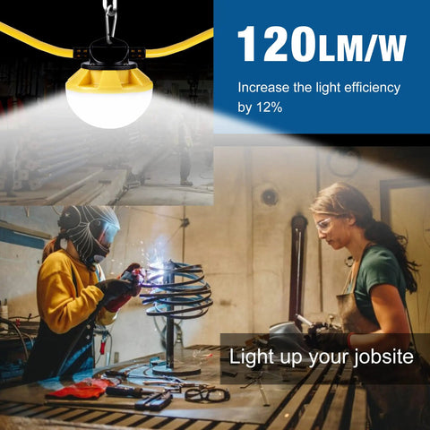 Heavy Duty 50ft LED Construction String Light Pro Grade 50W 6000 Lumens 18AWG Wire Linkable Work Lights illuminating workshop