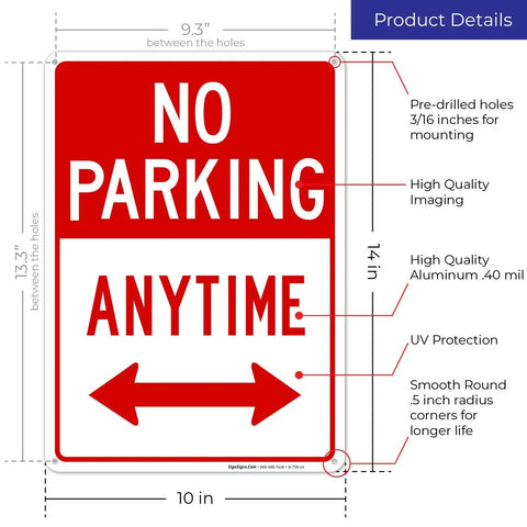 Heavy Duty No Parking Anytime Warning Sign With Bright Arrows Tough As Nails Rust Proof Aluminum Construction Totally Weatherproof 14x10 inches