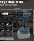 Upgraded Cordless Rivet Gun With Brushless Motor And Led Light For Makita 18V Batteries, blue finish, 25cm length, heavy duty.