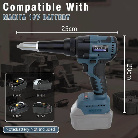 Upgraded Cordless Rivet Gun With Brushless Motor And Led Light For Makita 18V Batteries, blue finish, 25cm length, heavy duty.