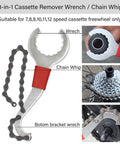 All In One Bike Repair Tool Kit With Zipper Pouch 7 Piece Set Including Cassette Remover Chain Breaker Bottom Bracket Remover Crank Puller Freewheel Remover Spoke Wrench Hub Cone Wrenches Grab And Go - 3-in-1 Cassette Remover Wrench and Chain Whip with detail views of usage.