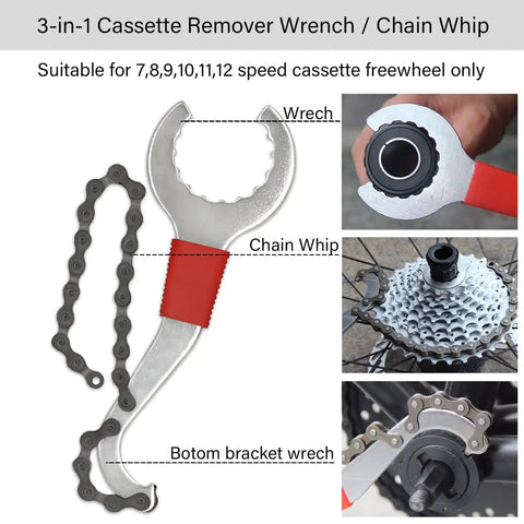 All In One Bike Repair Tool Kit With Zipper Pouch 7 Piece Set Including Cassette Remover Chain Breaker Bottom Bracket Remover Crank Puller Freewheel Remover Spoke Wrench Hub Cone Wrenches Grab And Go - 3-in-1 Cassette Remover Wrench and Chain Whip with detail views of usage.