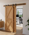 10 Feet Bypass Sliding Barn Door Hardware Kit for Double Wooden Doors, Single Track with Bypass Floor Guide, installed view.
