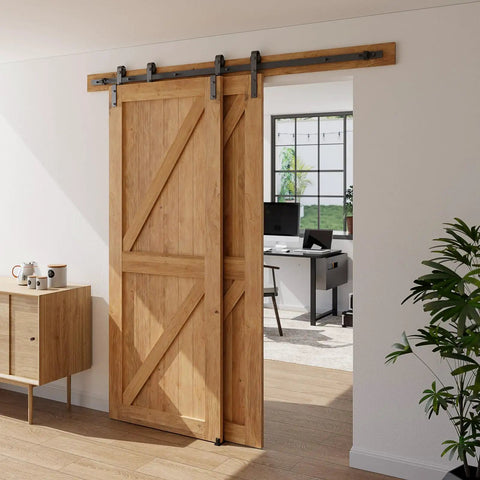 10 Feet Bypass Sliding Barn Door Hardware Kit for Double Wooden Doors, Single Track with Bypass Floor Guide, installed view.