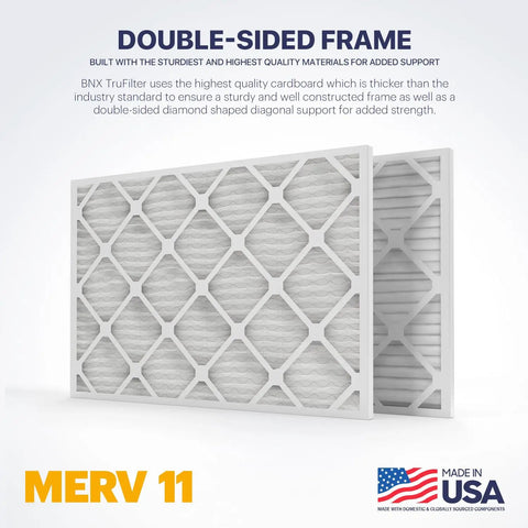 TruFilter 20x30x1 Air Filter MERV 11 4 Pack Made In USA with double-sided frame for added support, shown in front and side view.