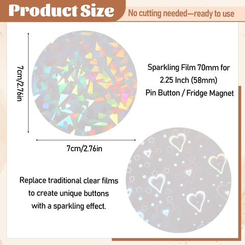 200 Pack 70mm Badge Protective Film In 8 Holographic Styles with transparent glitter for 58mm button makers