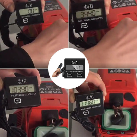 Inductive Digital Tachometer for Engines With Sleep Mode RPM Gauge showing readings when used on an engine