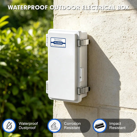 IP67 Weatherproof Electrical Junction Box Outdoor Enclosure Rugged Grey ABS Plastic With Hinged Lid, Mounting Plate And Wall Brackets, Dustproof Waterproof Project Box For Outdoor Electrical Setup. Wall-mounted white ABS IP67 junction box with hinged lid on concrete surface.
