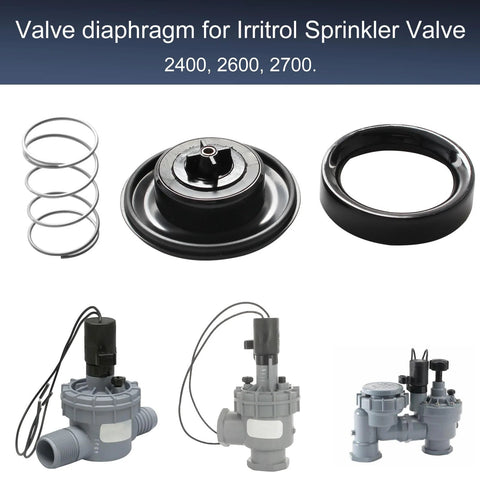 Replacement diaphragm kit for Irritrol 2400/2600/2700 valves; includes spring, diaphragm, seals, and gray valve bodies.