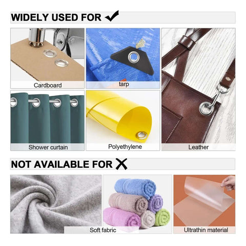Materials used with One Hand Operation Grommet Kit 3/8 Inch Heavy Duty Handheld Manual Press With Hole Punch And 500 Eyelets For Leather Canvas Fabric Tarps Vinyl And Banners.