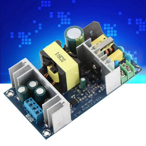 Beefy 180W Industrial Switching Power Supply Module From AC To DC 36V 5A Output, Wide 100-240V Input, Rugged Heavy Duty Power Board With Safe, Reliable Performance And Multiple Protections., top view of PCB with heatsinks and transformer