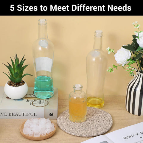 60 Pcs Salt And Pepper Stoppers Plugs Set In Six Sizes 10mm 13mm 15mm 18mm 20mm 23mm Plastic Reusable Round End Caps on table with bottles