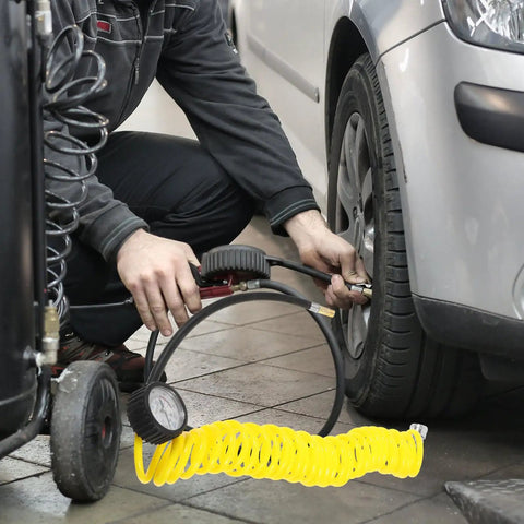 Top Tier Yellow PU Coil Air Hose With Quick Lock Connector For Air Compressor And Pneumatic Tools delivering durability while inflating a tire.