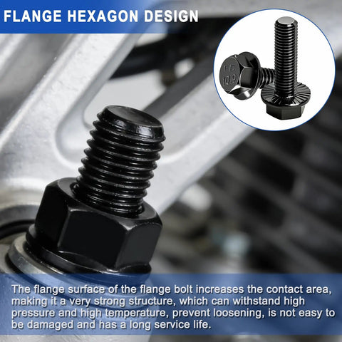 Close-up of 40 Pack M6 1.0 X 25mm Flange Hex Bolts Grade 10.9 Black Zinc Plated Alloy Steel with hex head and flange design in use