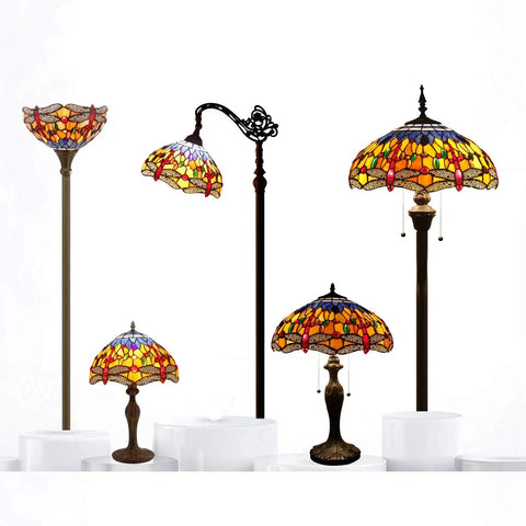 Assorted Dragonfly Tiffany Style Table Lamps with Blue and Yellow Stained Glass Shade Bronze Metal Leaf Base 21 Inch Tall 8 Inch Wide Shade