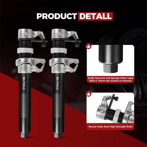 2-Piece Coil Spring Compressor Kit With Double Retention Anti-Drop System and adjustable brace, black steel, side angle view.
