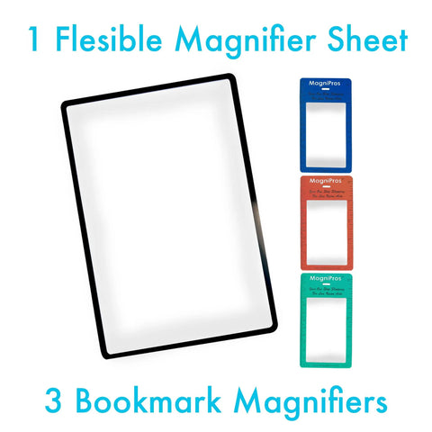 2 Pack Large Full Page Magnifying Sheet With 3X Magnification And 3 Fresnel Lens Bookmark Magnifiers beside the sheet