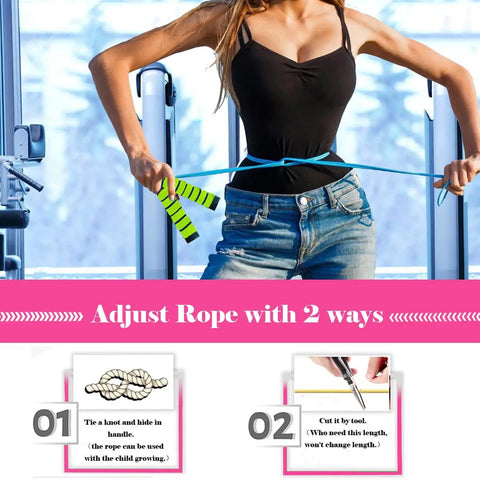 Woman adjusting Kids Jump Rope Set 2 Pack Lightweight Adjustable Durable Jump Ropes With Foam Grips Handles For Fitness Training