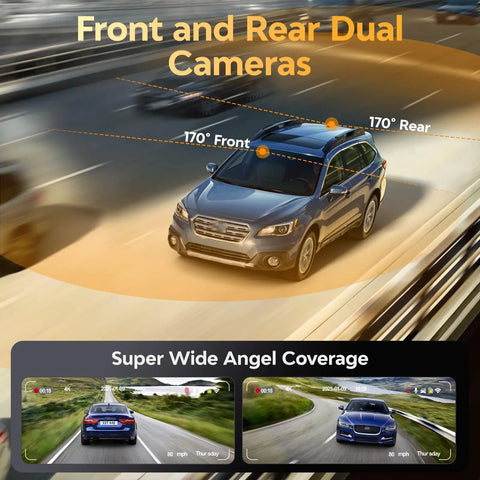 Car with Front And Rear 4K Dash Cam For Cars With Dual Recording, Built-In 5G WiFi GPS, 64GB Card Included, 3.2 Inch IPS Screen shown.