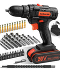 High Performance 20V Cordless Drill and Screwdriving Set with 2 Amp Hour Battery 42 Piece Kit Includes Extension Rod and Flexible Shaft Keyless Chuck Made Easy for Weekend Warriors, showing drill with accessories.