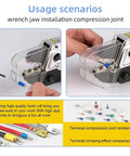 High Performance Hydraulic Crimping Tool With 15 Interchangeable Dies in action, crimping a terminal, demonstrating usage scenarios.
