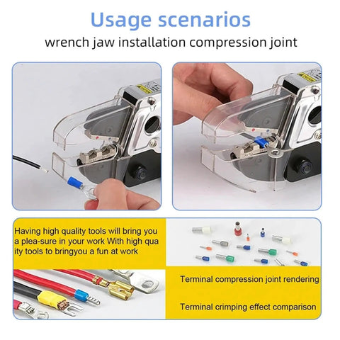 High Performance Hydraulic Crimping Tool With 15 Interchangeable Dies in action, crimping a terminal, demonstrating usage scenarios.