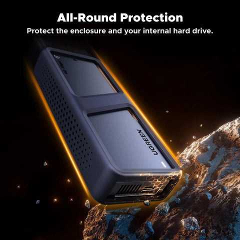 Top Shelf M2 Nvme Ssd Enclosure Harnessing 40Gbps Dual Chip Brains And Brushed Aluminum Frame on asteroid background.